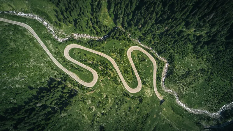 Aerial view of a winding mountain road
