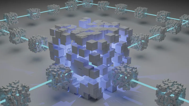 Linked 3D cube clusters connected by cyan beams